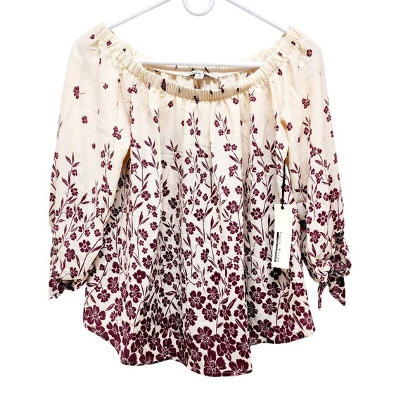 Haute Monde Floral Off Shoulder Blouse SZ S Beige/Burgundy 3/4 Sleeve Womens Top - Picture 1 of 10